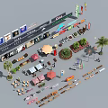 Complete Roadside Facilities With Billboards Street Lamps Seating Palm Trees And Signs