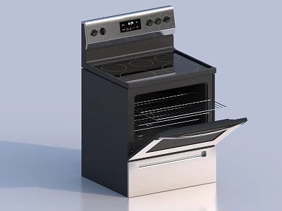 Modern Kitchen Stove Oven Black Silver With Digital Display Knobs And Open Door Racks 3d model