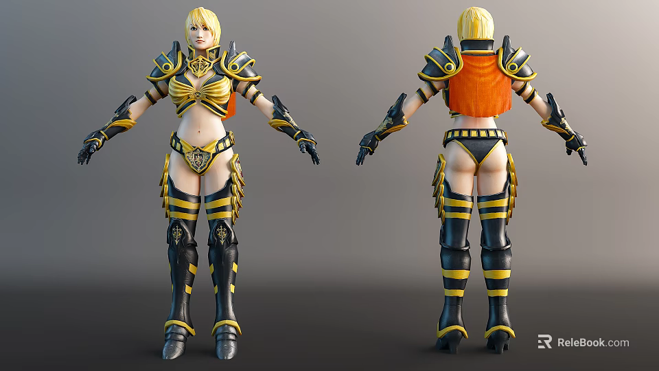 Game Movie Character with Blonde Hair Gold Black Armor and Orange Accents 3d model 