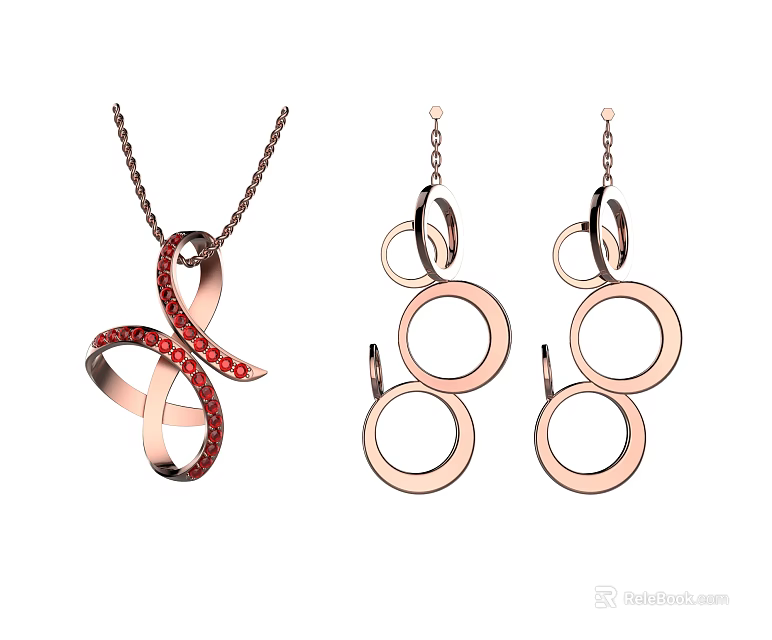 Rose Gold Jewelry Set With Red Stone Pendant And Multi Layer Hoop Earrings 3d model 