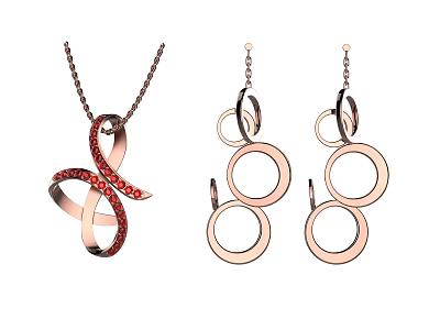 Rose Gold Jewelry Set With Red Stone Pendant And Multi Layer Hoop Earrings 3d model