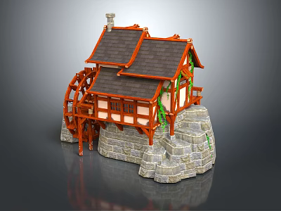 Cartoon Scene Of Charming Watermill Cottage With Dark Roof Orange Frame And Stone Base 3d model