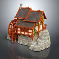 Cartoon Scene Of Charming Watermill Cottage With Dark Roof Orange Frame And Stone Base
