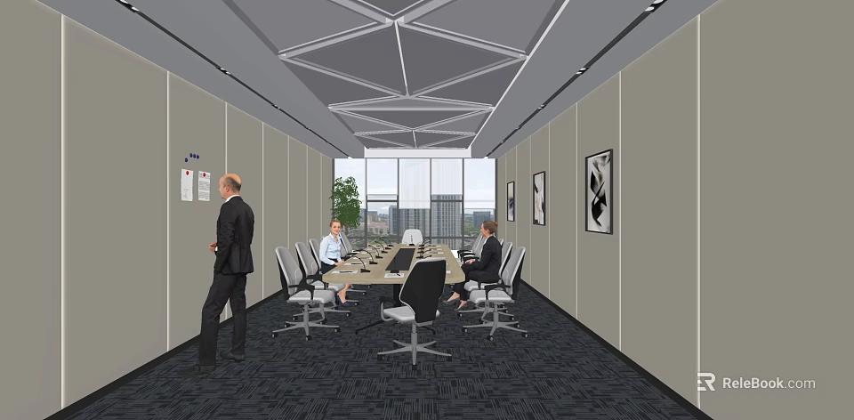 Modern Meeting Room Interior Design With Large Windows Conference Table Chairs And Wall Art 3d model 