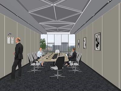 Modern Meeting Room Interior Design With Large Windows Conference Table Chairs And Wall Art 3d model