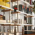 Modern Metal Shelving Unit with Yellow Storage Boxes Gray Bins Books and Decorative Items