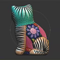 Vibrant Turquoise Cat Decorative Figurine With Floral Patterns Striped Details And Colorful Design