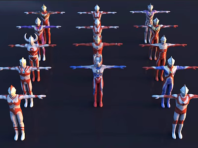 Multiple Ultraman Characters Standing In Rows With Extended Arms And Colorful Suits 3d model