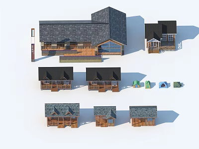 Different Wooden House Designs With Various Roof Styles And Outdoor Elements 3d model