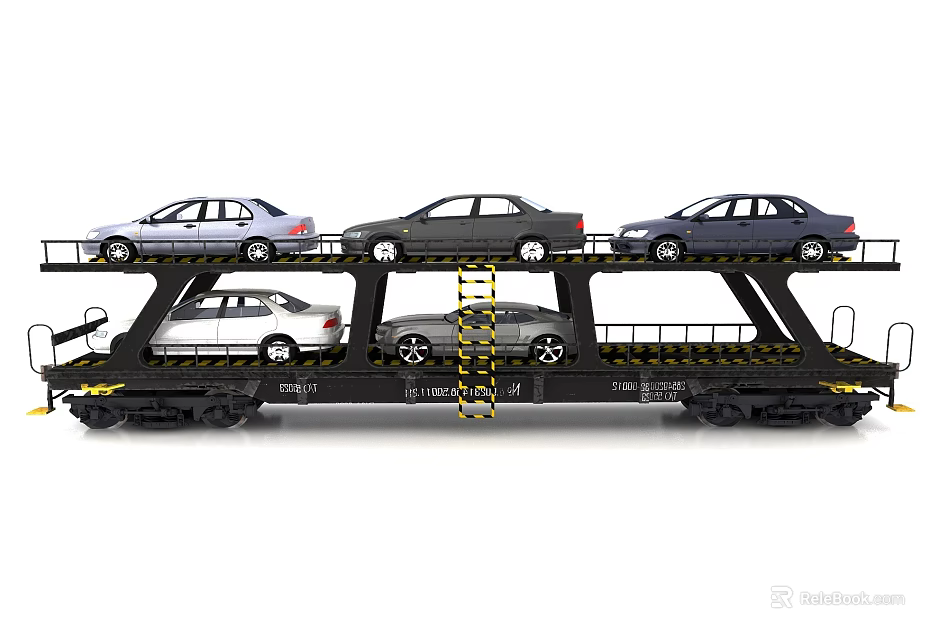 Double Deck Railway Car Transport Train Loaded With Multiple Sedan Cars 3d model 