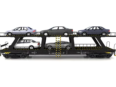 Double Deck Railway Car Transport Train Loaded With Multiple Sedan Cars 3d model
