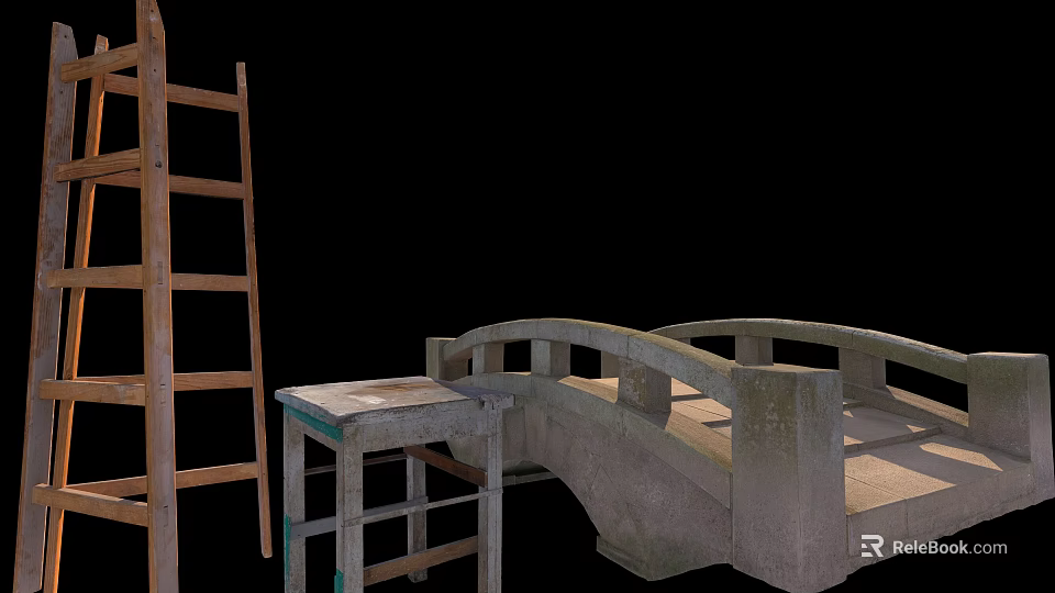 Stone Arch Bridge With Wooden Ladder And Workbench In Construction Setting 3d model 