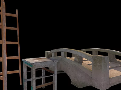Stone Arch Bridge With Wooden Ladder And Workbench In Construction Setting 3d model