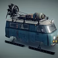 Old Blue Weathered Van With Ski Tracks For Off Road And Roof Mounted Mechanical Equipment