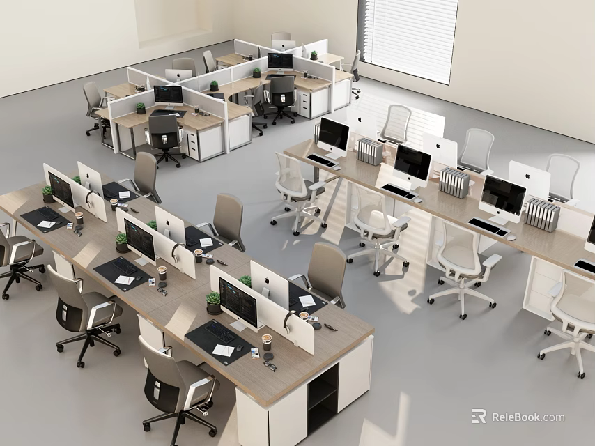 Modern Office Desks In Open Workspace With Computers And Ergonomic Chairs 3d model