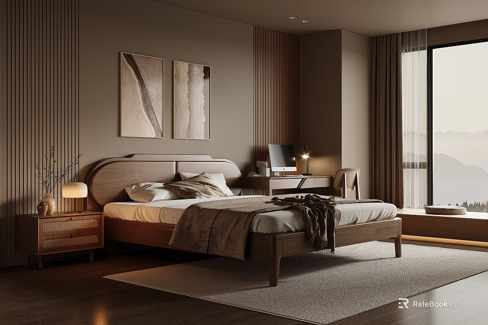 Warm Modern Bedroom Interior Design With Wooden Headboard Wall Art Desk And Area Rug 3d model 