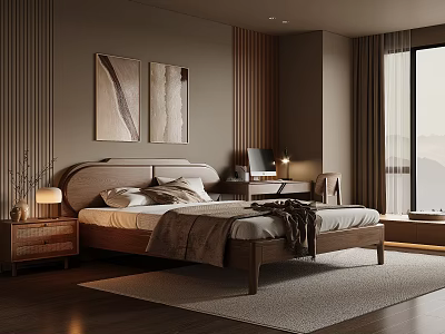 Warm Modern Bedroom Interior Design With Wooden Headboard Wall Art Desk And Area Rug 3d model