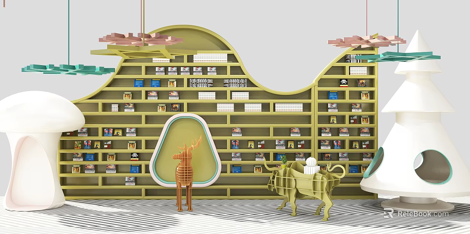 Playful Green Wavy Bookcase With Books Toys And Figurines In Kids Room 3d model 
