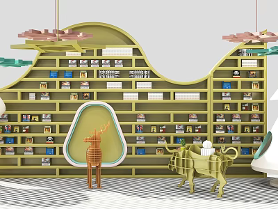 Playful Green Wavy Bookcase With Books Toys And Figurines In Kids Room 3d model