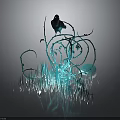 Black Crow Perched on Blue Glowing Vine Structure with Luminous Elements and Reflective Ground 3d model