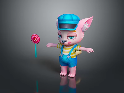 Game Movie Character Pink Fox With Blue Cap Goggles Striped Shirt Blue Overalls Holding Lollipop 3d model