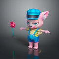 Game Movie Character Pink Fox With Blue Cap Goggles Striped Shirt Blue Overalls Holding Lollipop