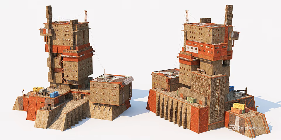 Historic Stone Tower Buildings With Multi Level Masonry Structure And Architectural Details 3d model