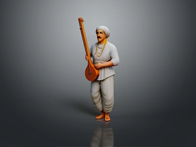 Man In Traditional Turban And Attire Holding Sitar Standing On Gray Background 3d model