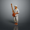 Man In Traditional Turban And Attire Holding Sitar Standing On Gray Background