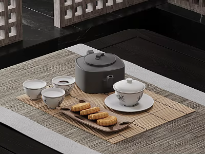 Traditional Chinese Tea Set With Teacups Saucers And Pastries On Bamboo Mat 3d model