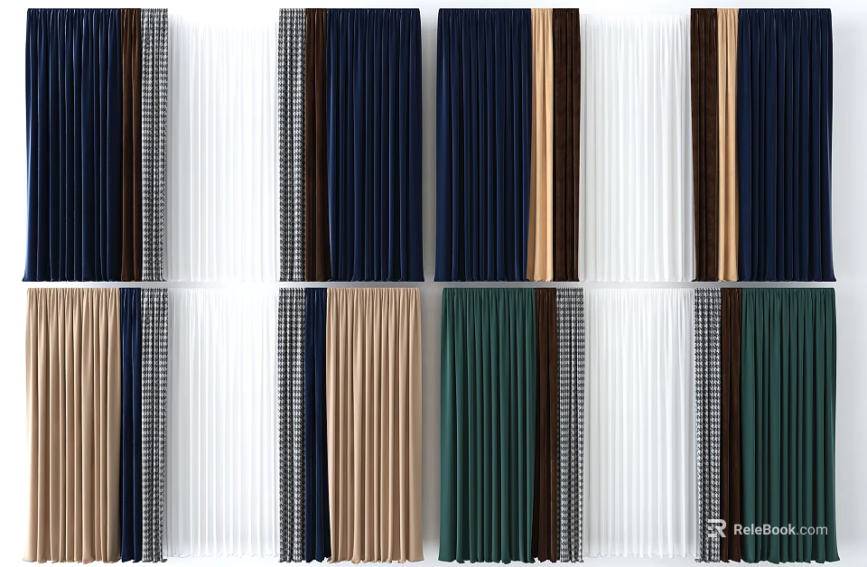Various Colored Curtains in Navy Blue White Brown Green with Striped and Solid Patterns 3d model 