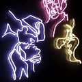 Colorful Neon Light Face Silhouettes in Pink Blue Yellow on Black Background Modern Art Design