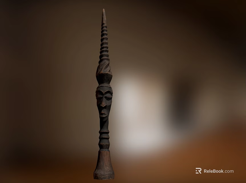 Traditional Hand Carved Wooden Sculpture With Human Face And Pointed Top 3d model 