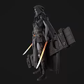 Cloaked Woman In Feathered Cape Carrying Large Wooden Structure And Glowing Blades