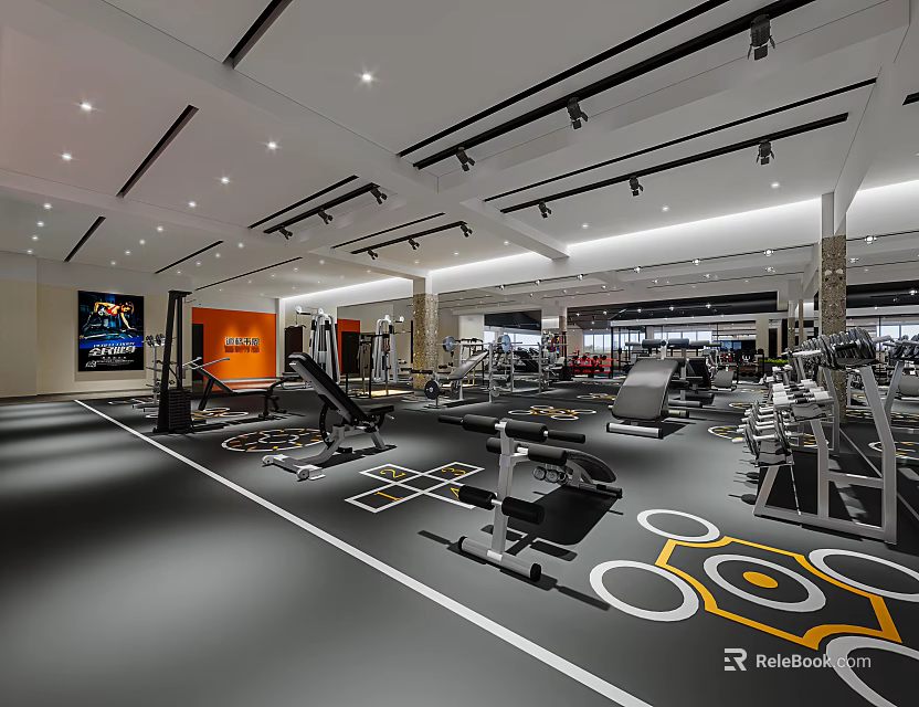 Modern Fitness Gym Interior With Bright Lighting Various Workout Equipment And Patterned Flooring 3d model 