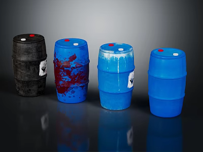 Four Black and Blue Barrels with Stained Surfaces and White Labels 3d model