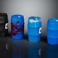 Four Black and Blue Barrels with Stained Surfaces and White Labels