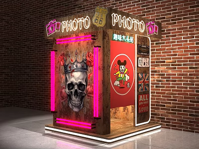 Vibrant Neon Photo Booth With Skull Design And Cartoon Character On Brick Wall 3d model
