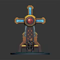 Decorative Throne With Seated Character Golden Frame Blue Accents Red Gem And Blue Base