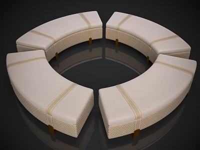 Modular Circular Beige Sofa Bench With Striped Upholstery And Wooden Legs 3d model
