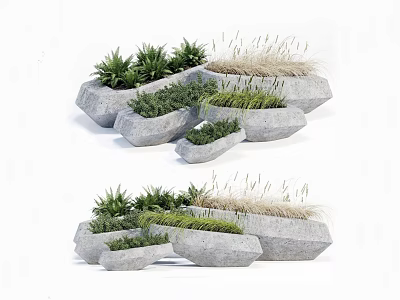 Set of Irregular Stone Flower Planters With Green Plants And Ornamental Grass 3d model