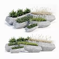 Set of Irregular Stone Flower Planters With Green Plants And Ornamental Grass