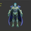 Mythical Warrior In Blue And Gold Armor With Purple Cloak And Shiny Accents