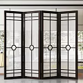 Modern Four Panel Folding Screen with Black Frame and Geometric Patterned Sheer Panels 3d model