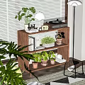 Wooden Shelving Unit With Potted Plants Books Table Lamp And Record Player In Living Room