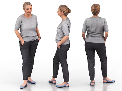 Woman Wearing Gray Top Dark Pants Blue Shoes Three Quarter Front Side Back Views 3d model