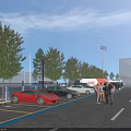 Parking Lot Road Facilities with Marked Lines Vehicles Pedestrians Trees Street Lights and Clear Sky