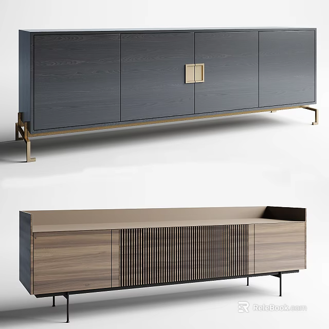 Modern TV Stand With Dark Gray Finish Gold Handles Wooden Vertical Slats And Black Gold Legs 3d model 