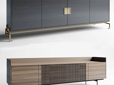 Modern TV Stand With Dark Gray Finish Gold Handles Wooden Vertical Slats And Black Gold Legs 3d model