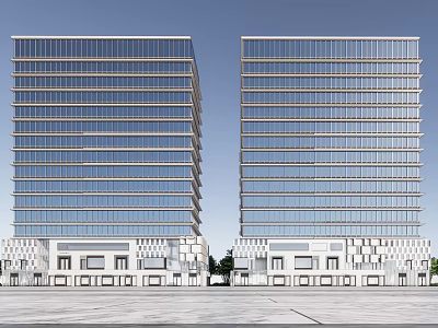 Modern Twin Office Buildings Exterior With Glass Curtain Walls And Podium Base Structure 3d model